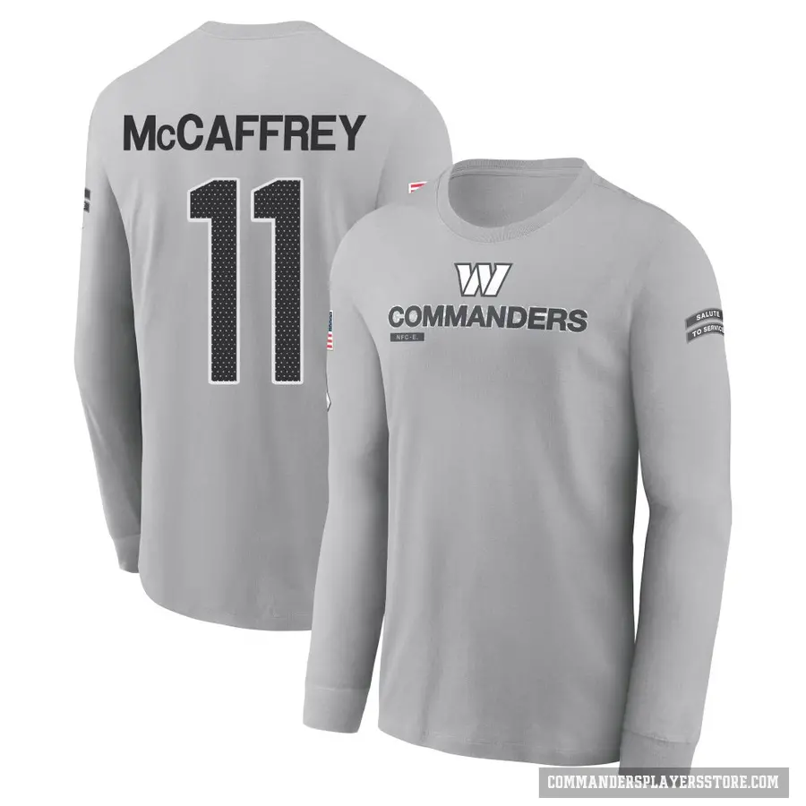 Men's ＃11 Luke McCaffrey Washington Commanders Gray 2024 Salute to Service Long Sleeve T-Shirt