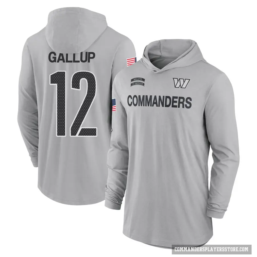 Men's ＃12 Michael Gallup Washington Commanders Gray 2024 Salute to Service Lightweight Performance Long Sleeve Hooded T-Shirt