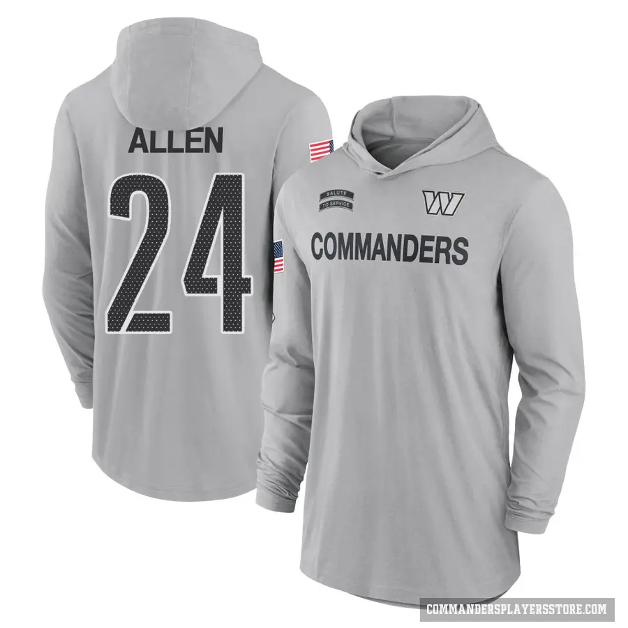 Men's ＃24 Kazmeir Allen Washington Commanders Gray 2024 Salute to Service Lightweight Performance Long Sleeve Hooded T-Shirt