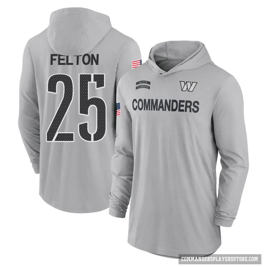 Men's ＃25 Demetric Felton Washington Commanders Gray 2024 Salute to Service Lightweight Performance Long Sleeve Hooded T-Shirt