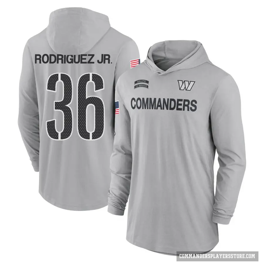 Men's ＃36 Chris Rodriguez Jr. Washington Commanders Gray 2024 Salute to Service Lightweight Performance Long Sleeve Hooded T-Shi