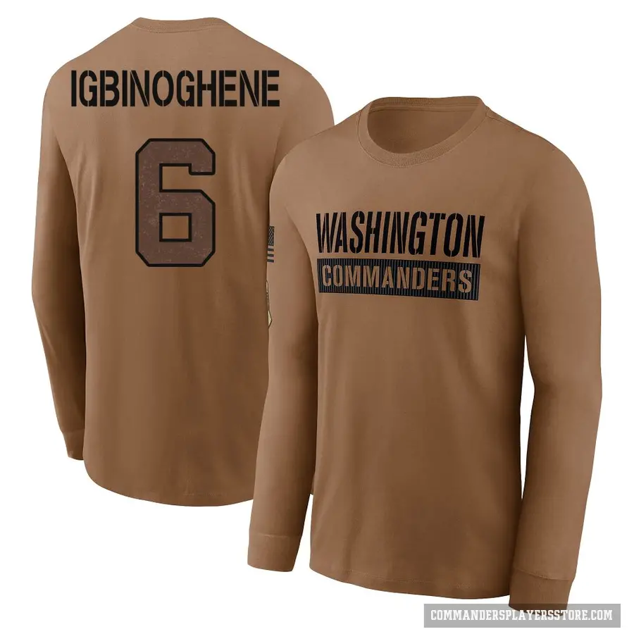 Men's ＃6 Noah Igbinoghene Washington Commanders Brown 2023 Salute To Service Long Sleeve T-Shirt