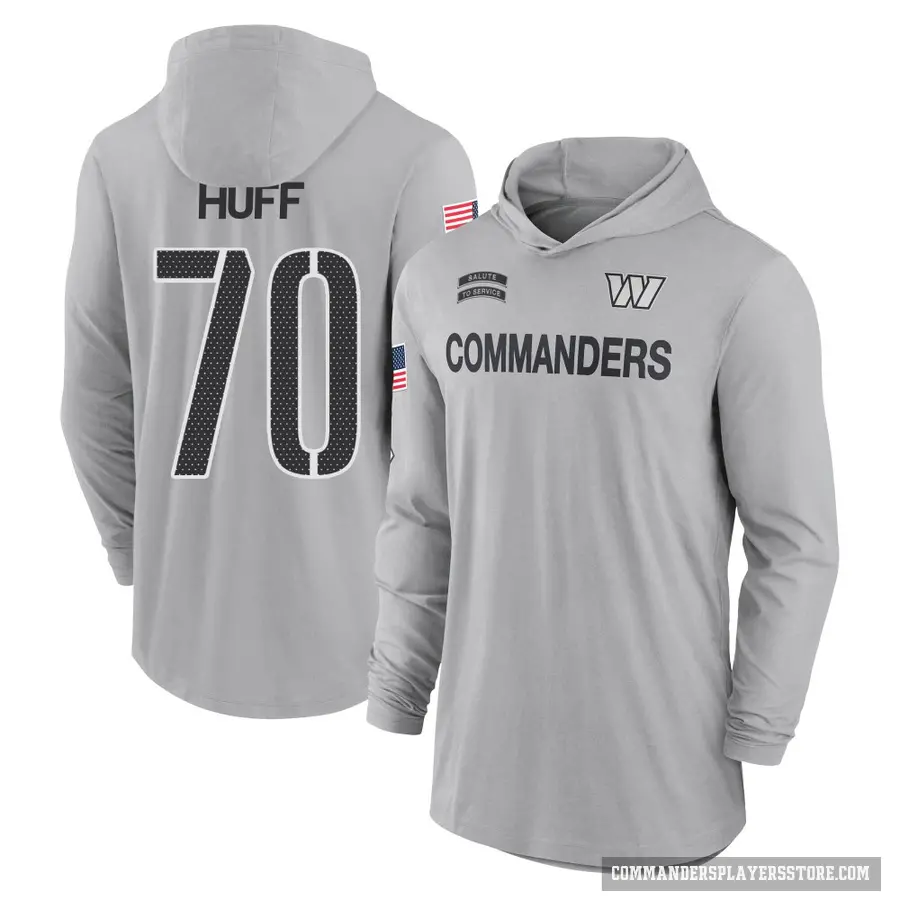 Men's ＃70 Sam Huff Washington Commanders Gray 2024 Salute to Service Lightweight Performance Long Sleeve Hooded T-Shirt