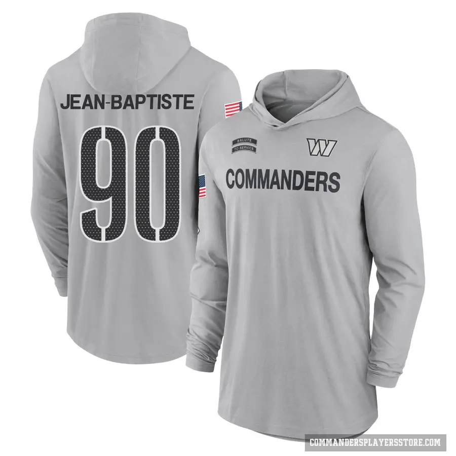 Men's ＃90 Javontae Jean-Baptiste Washington Commanders Gray 2024 Salute to Service Lightweight Performance Long Sleeve Hooded T-