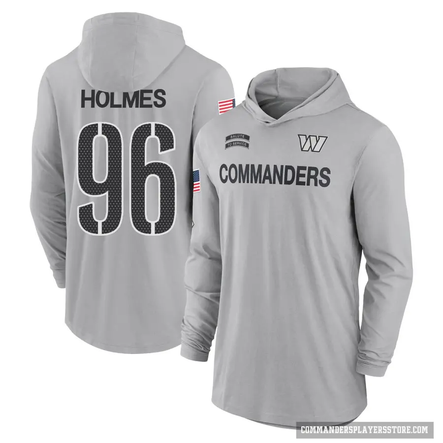 Men's ＃96 Jalyn Holmes Washington Commanders Gray 2024 Salute to Service Lightweight Performance Long Sleeve Hooded T-Shirt