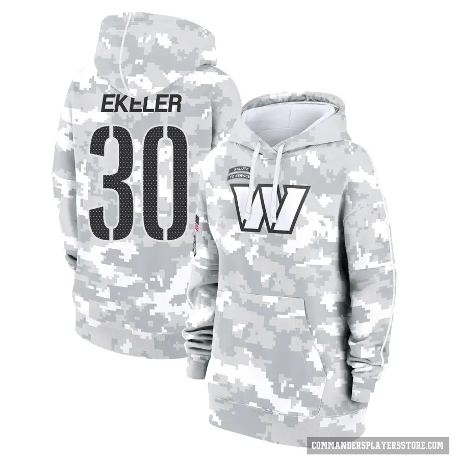 Women's ＃30 Austin Ekeler Washington Commanders Arctic Camo 2024 Salute to Service Club Fleece Pullover Hoodie