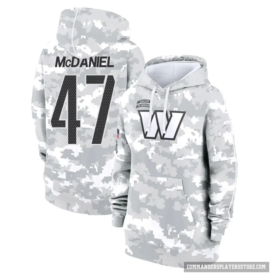 Women's ＃47 Robert McDaniel Washington Commanders Arctic Camo 2024 Salute to Service Club Fleece Pullover Hoodie