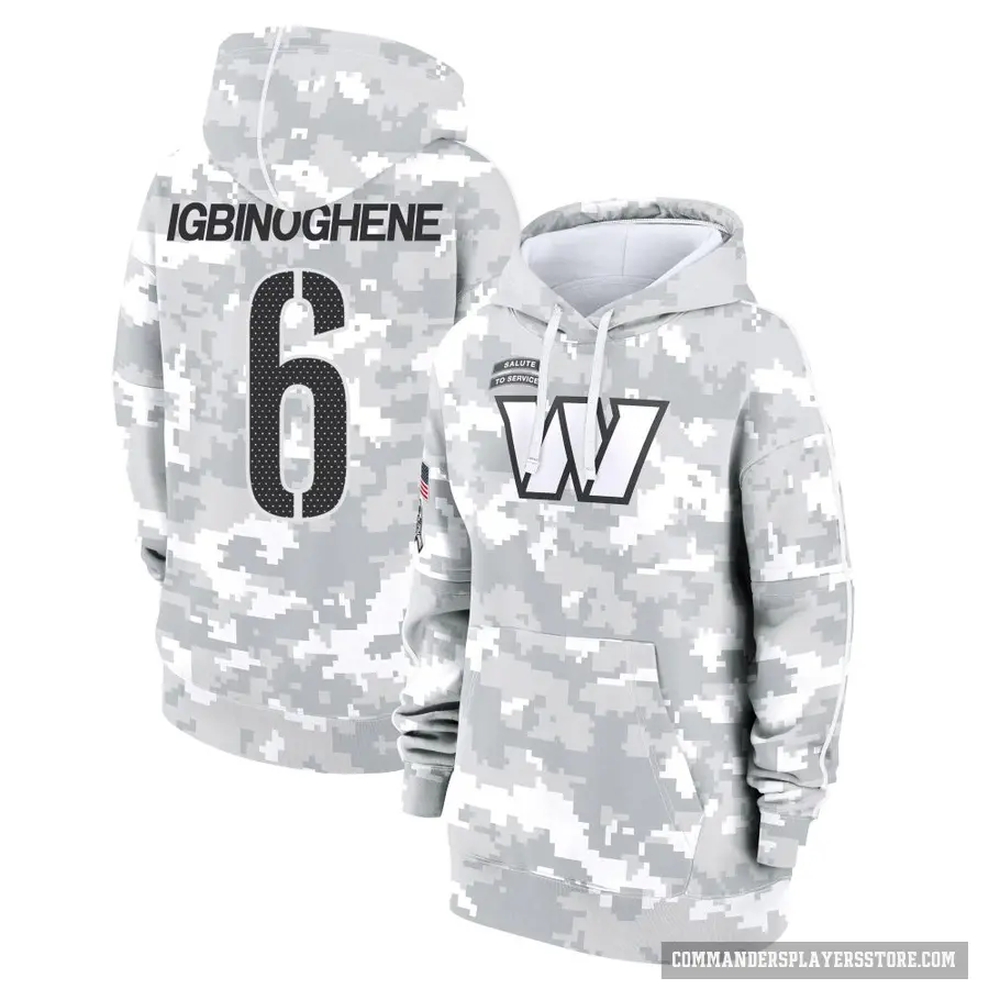 Women's ＃6 Noah Igbinoghene Washington Commanders Arctic Camo 2024 Salute to Service Club Fleece Pullover Hoodie