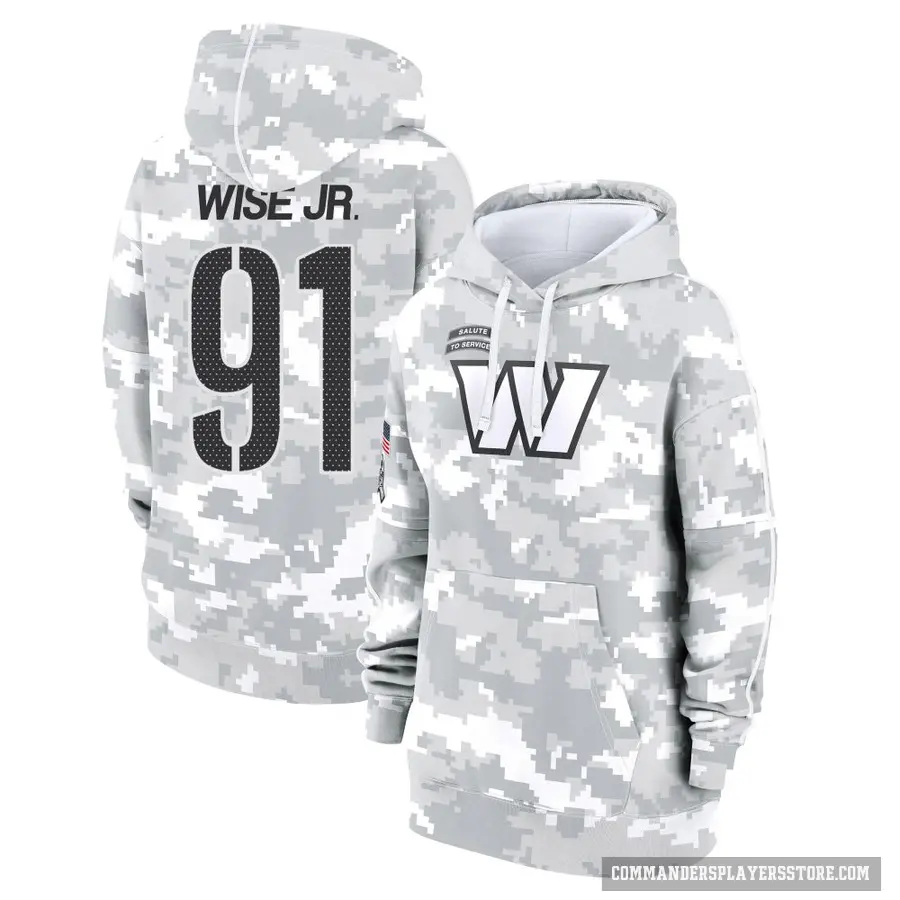 Women's ＃91 Deatrich Wise Jr. Washington Commanders Arctic Camo 2024 Salute to Service Club Fleece Pullover Hoodie