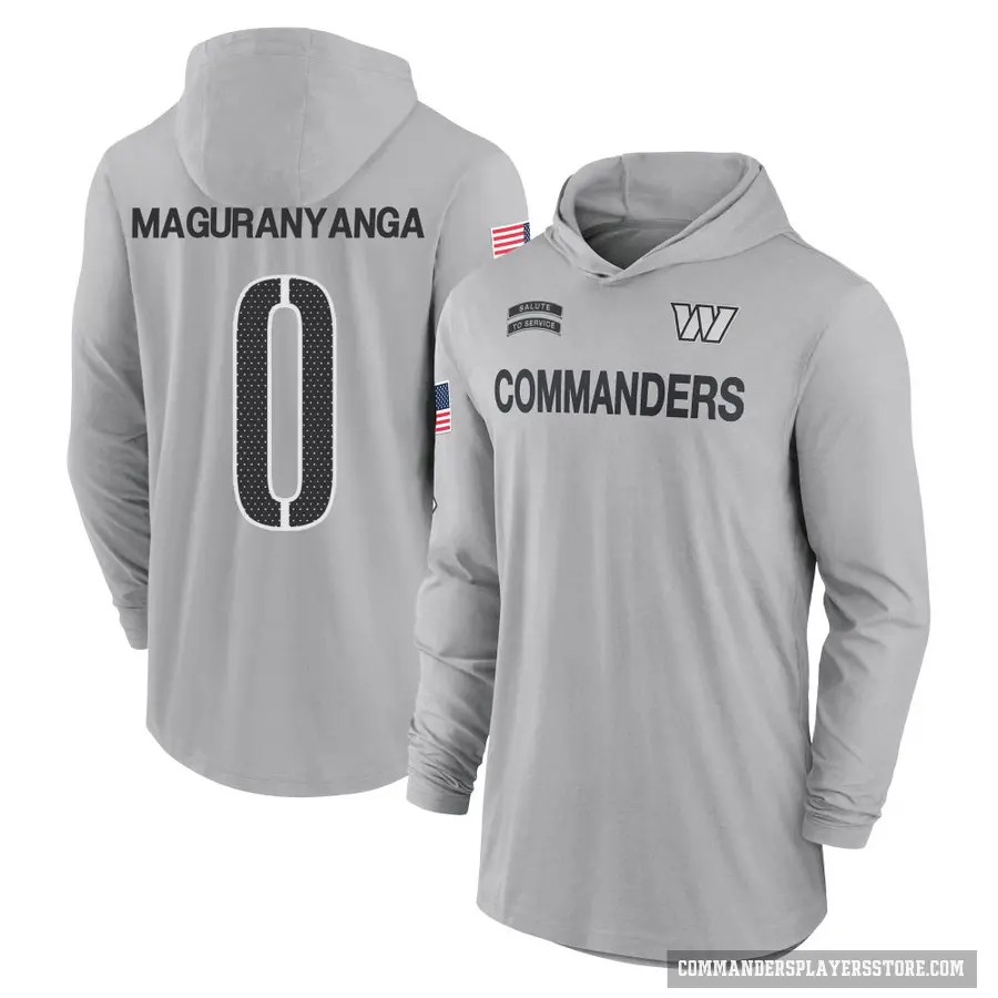 Youth ＃0 T.J. Maguranyanga Washington Commanders Gray 2024 Salute to Service Lightweight Performance Long Sleeve Hooded T-Shirt