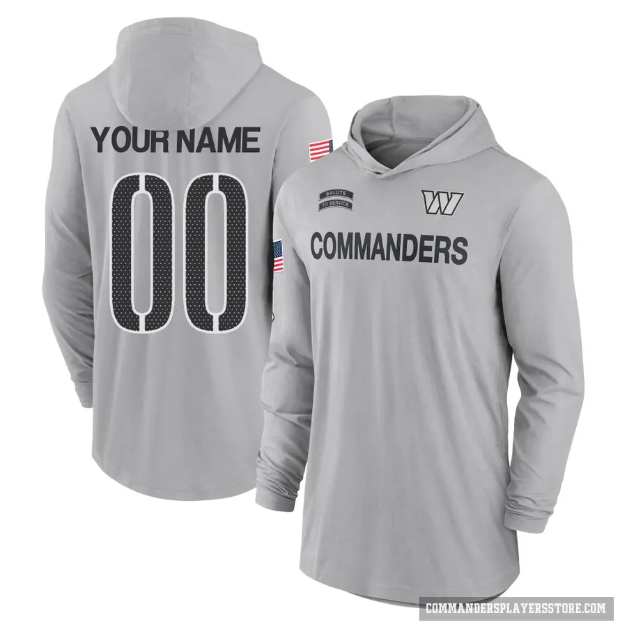 Youth ＃00 Custom Washington Commanders Gray 2024 Salute to Service Lightweight Performance Long Sleeve Hooded T-Shirt