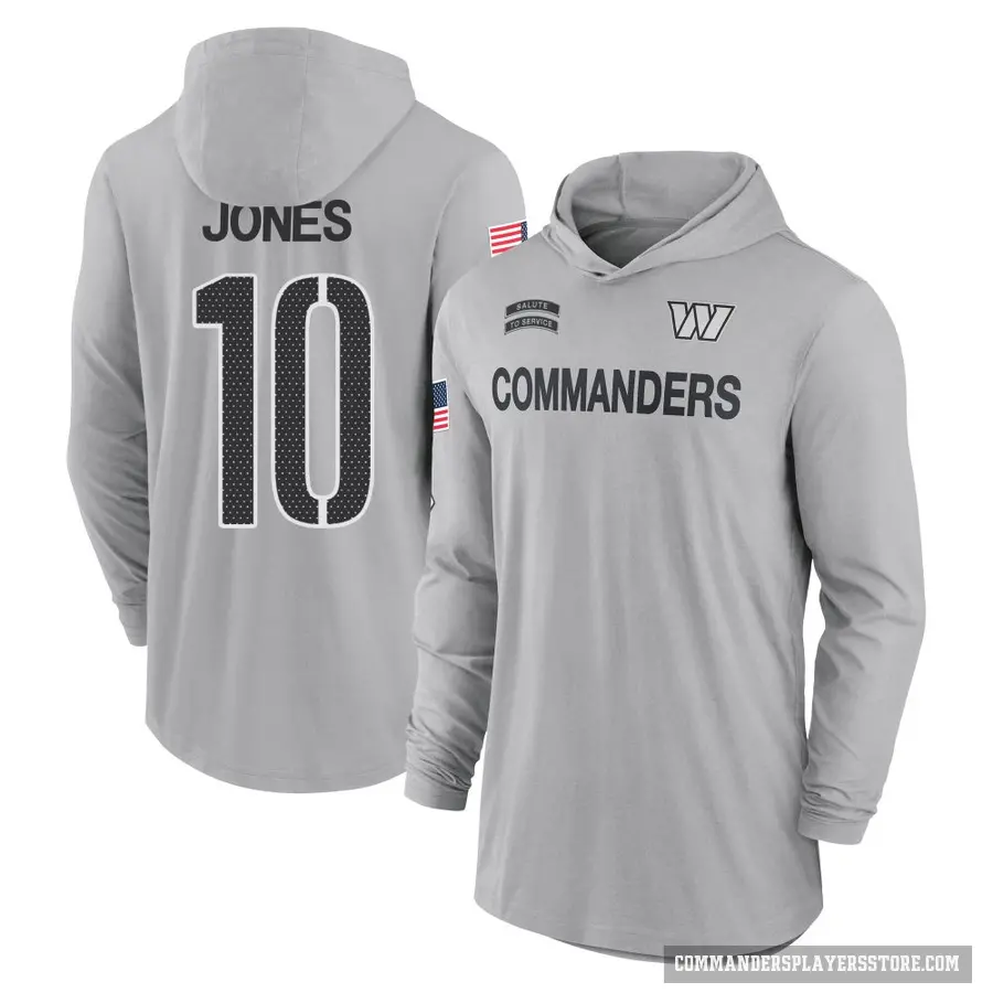 Youth ＃10 Jacoby Jones Washington Commanders Gray 2024 Salute to Service Lightweight Performance Long Sleeve Hooded T-Shirt
