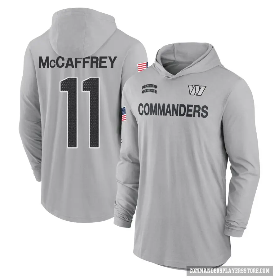 Youth ＃11 Luke McCaffrey Washington Commanders Gray 2024 Salute to Service Lightweight Performance Long Sleeve Hooded T-Shirt