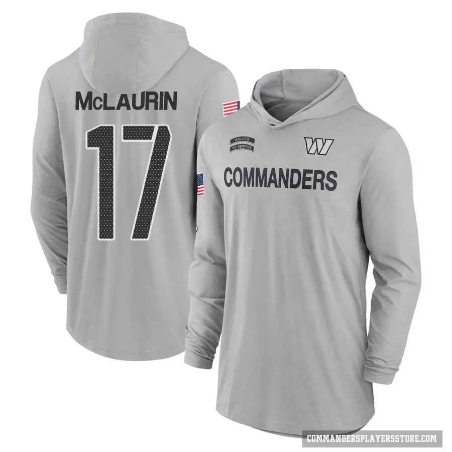 Youth ＃17 Terry McLaurin Washington Commanders Gray 2024 Salute to Service Lightweight Performance Long Sleeve Hooded T-Shirt