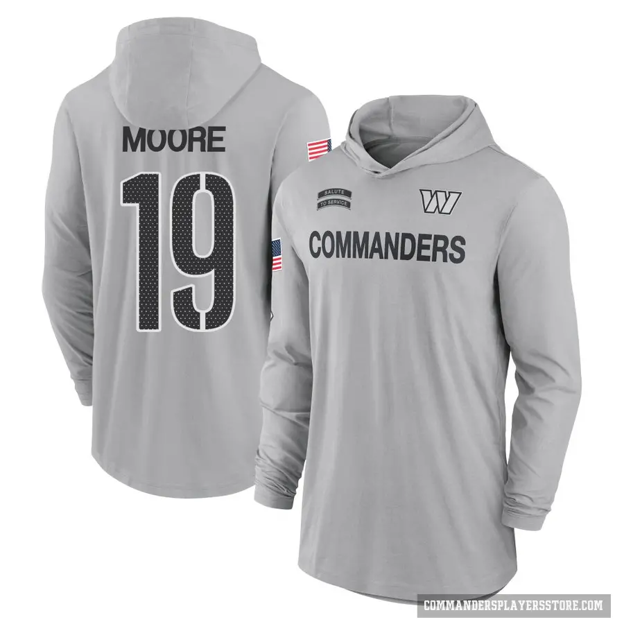 Youth ＃19 Chris Moore Washington Commanders Gray 2024 Salute to Service Lightweight Performance Long Sleeve Hooded T-Shirt