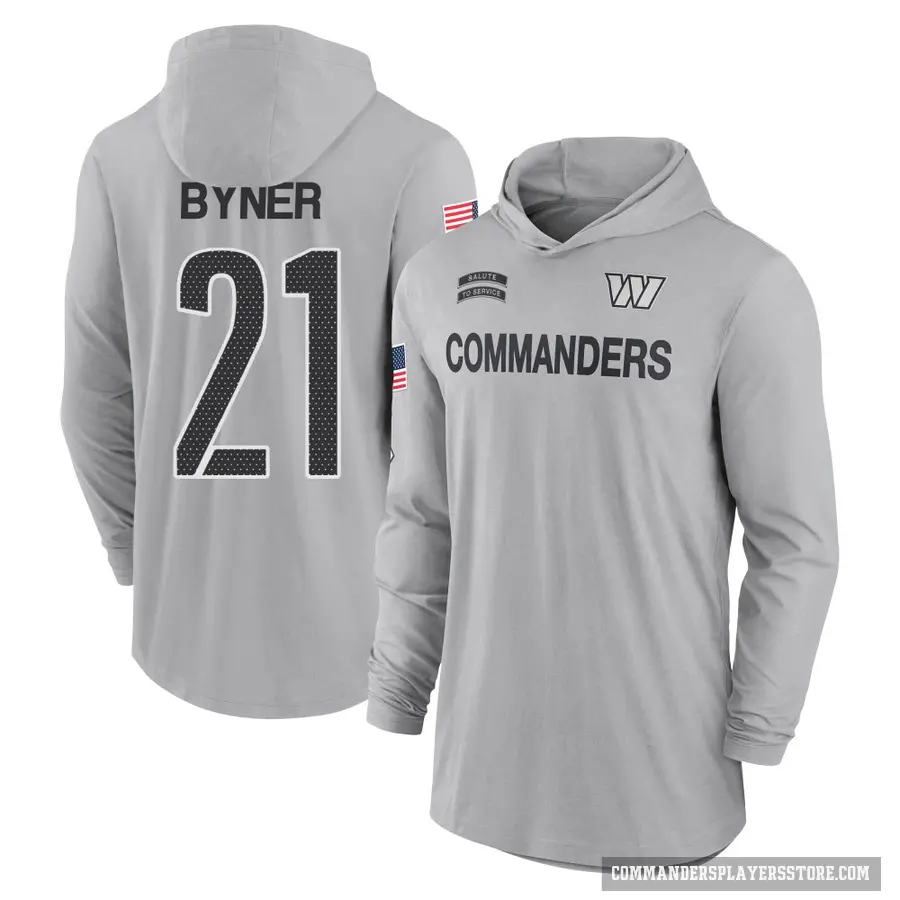 Youth ＃21 Earnest Byner Washington Commanders Gray 2024 Salute to Service Lightweight Performance Long Sleeve Hooded T-Shirt