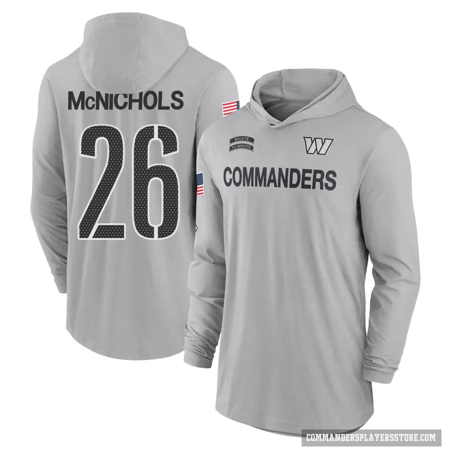 Youth ＃26 Jeremy McNichols Washington Commanders Gray 2024 Salute to Service Lightweight Performance Long Sleeve Hooded T-Shirt