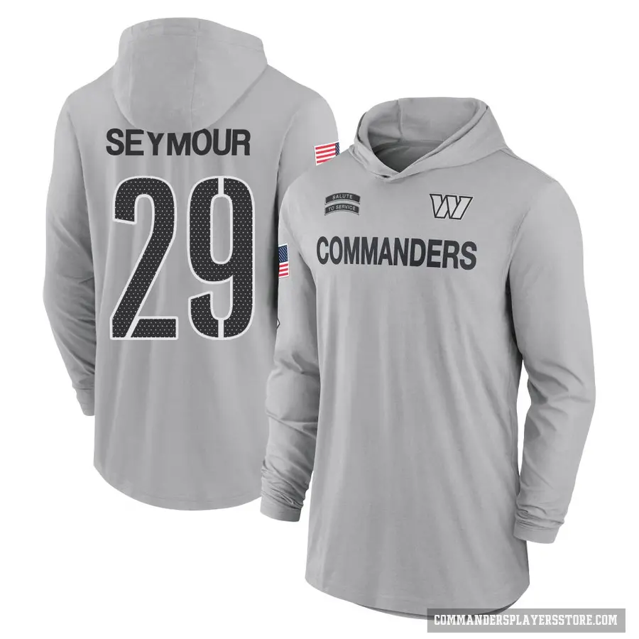Youth ＃29 Kevon Seymour Washington Commanders Gray 2024 Salute to Service Lightweight Performance Long Sleeve Hooded T-Shirt
