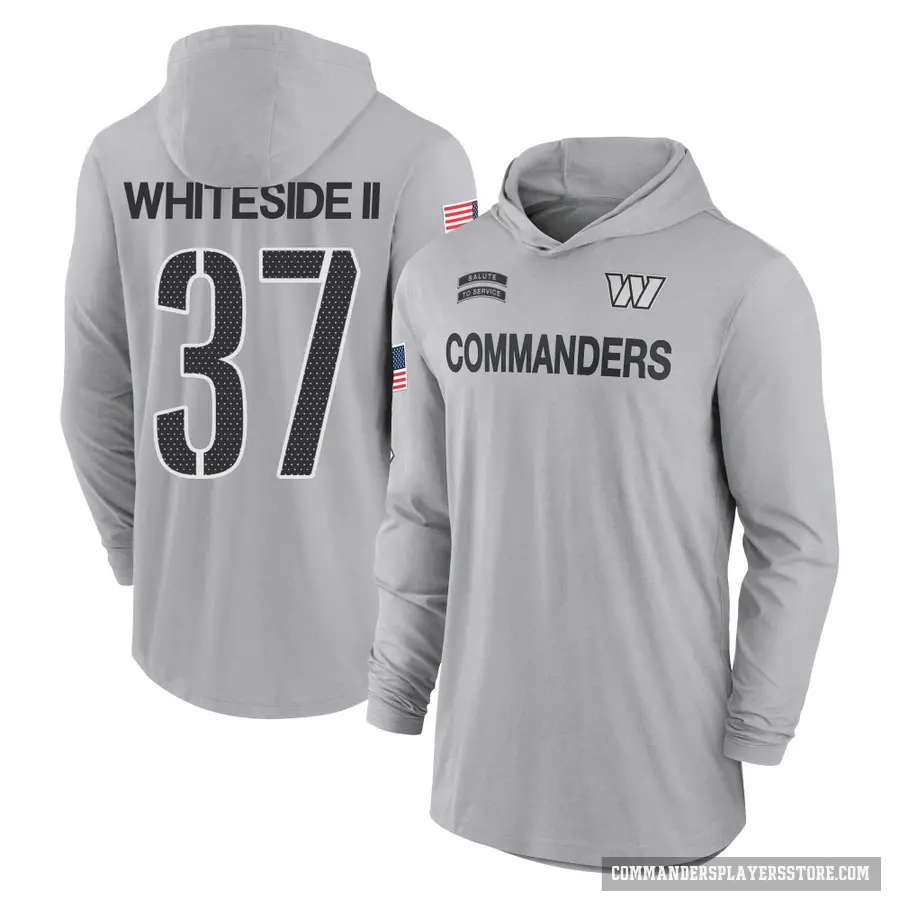 Youth ＃37 Nick Whiteside II Washington Commanders White Gray 2024 Salute to Service Lightweight Performance Long Sleeve Hooded T
