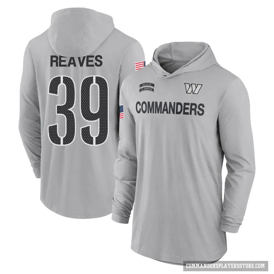 Youth ＃39 Jeremy Reaves Washington Commanders Gray 2024 Salute to Service Lightweight Performance Long Sleeve Hooded T-Shirt