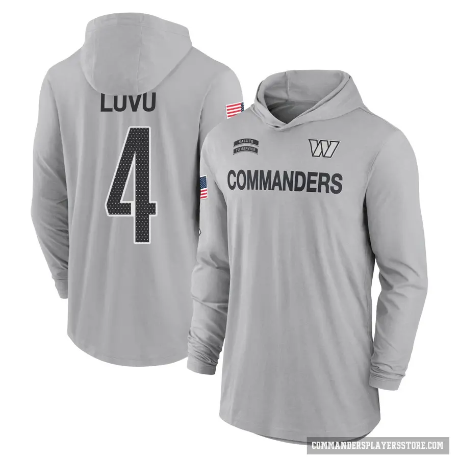 Youth ＃4 Frankie Luvu Washington Commanders Gray 2024 Salute to Service Lightweight Performance Long Sleeve Hooded T-Shirt