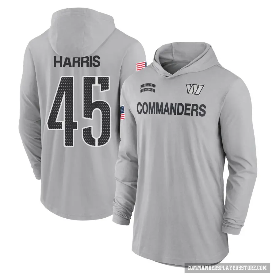 Youth ＃45 De'Jon Harris Washington Commanders Gray 2024 Salute to Service Lightweight Performance Long Sleeve Hooded T-Shirt