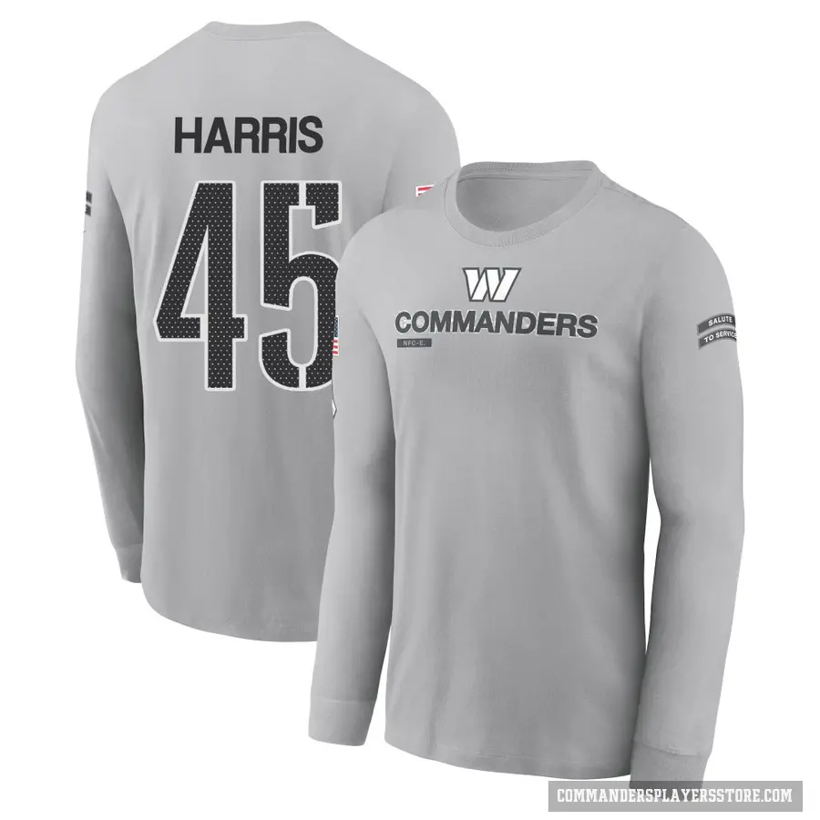 Youth ＃45 De'Jon Harris Washington Commanders Gray 2024 Salute to Service Long Sleeve T-Shirt