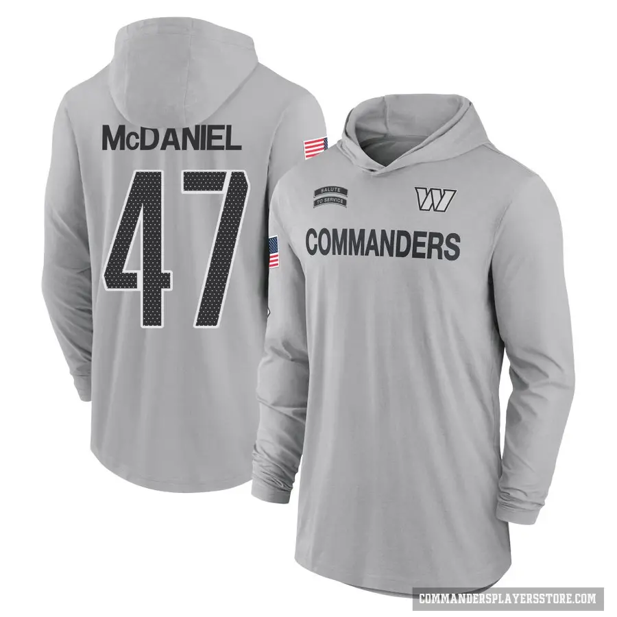 Youth ＃47 Robert McDaniel Washington Commanders Gray 2024 Salute to Service Lightweight Performance Long Sleeve Hooded T-Shirt