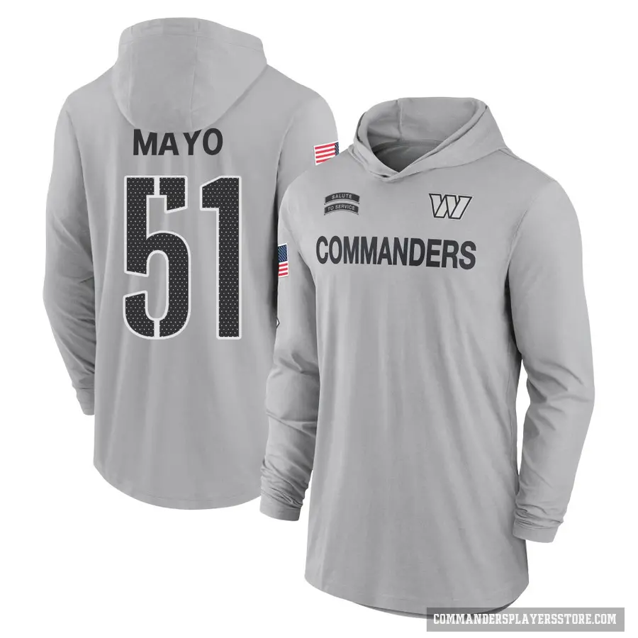 Youth ＃51 David Mayo Washington Commanders Gray 2024 Salute to Service Lightweight Performance Long Sleeve Hooded T-Shirt