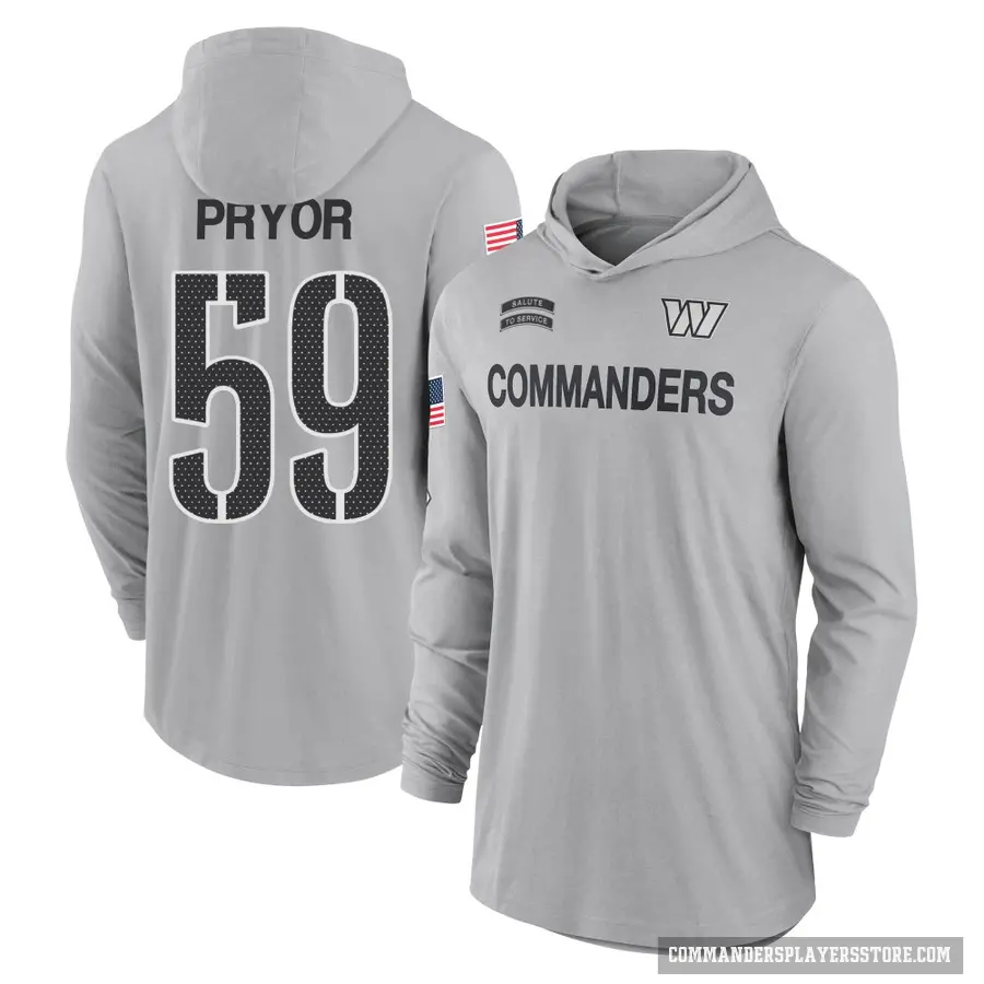 Youth ＃59 Joshua Pryor Washington Commanders Gray 2024 Salute to Service Lightweight Performance Long Sleeve Hooded T-Shirt