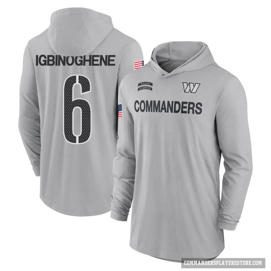 Youth ＃6 Noah Igbinoghene Washington Commanders Gray 2024 Salute to Service Lightweight Performance Long Sleeve Hooded T-Shirt