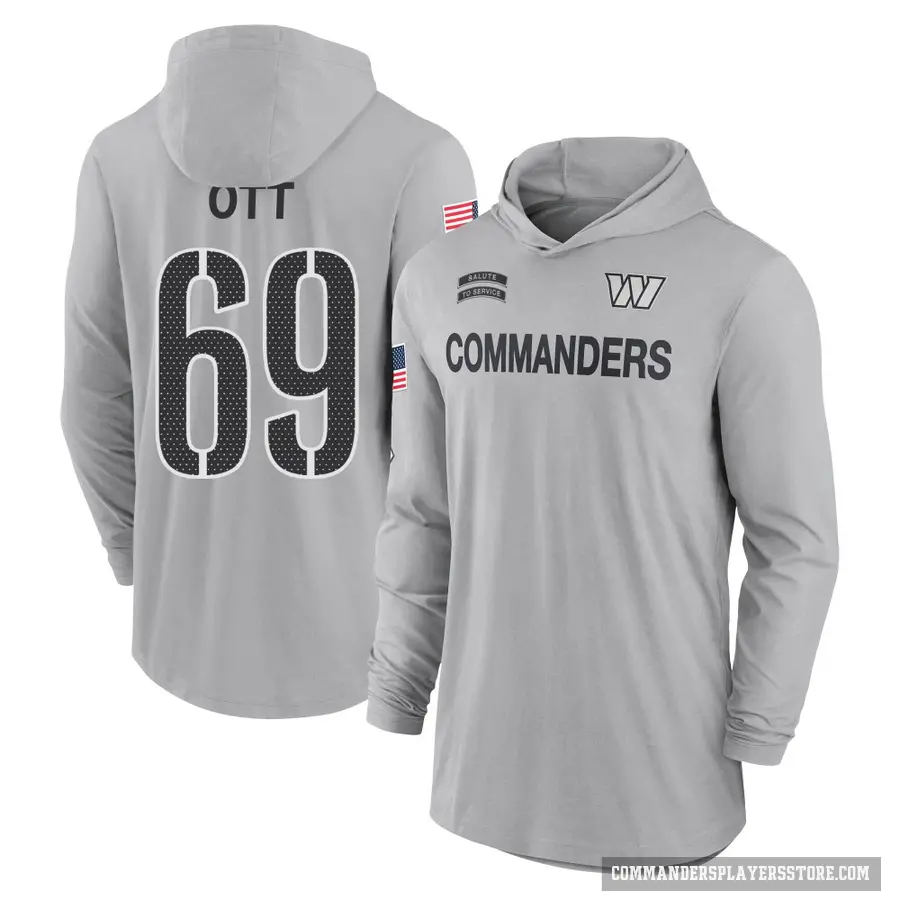 Youth ＃69 Tyler Ott Washington Commanders Gray 2024 Salute to Service Lightweight Performance Long Sleeve Hooded T-Shirt