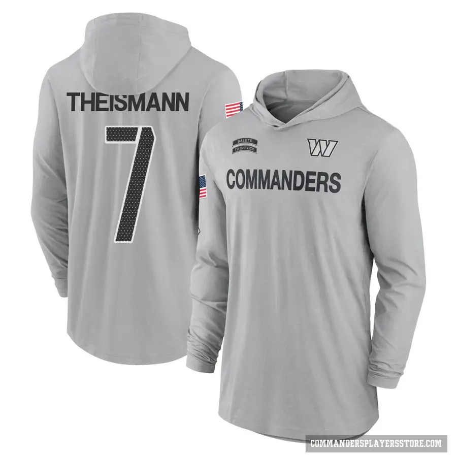 Youth ＃7 Joe Theismann Washington Commanders Gray 2024 Salute to Service Lightweight Performance Long Sleeve Hooded T-Shirt