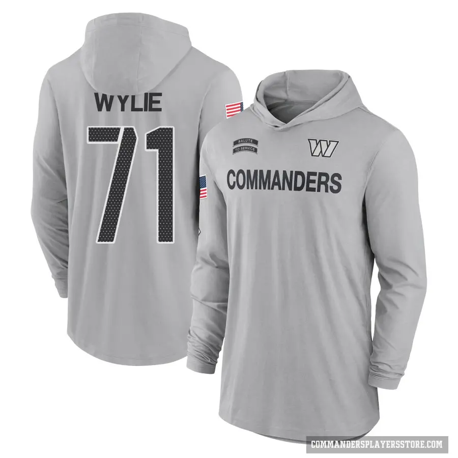 Youth ＃71 Andrew Wylie Washington Commanders Gray 2024 Salute to Service Lightweight Performance Long Sleeve Hooded T-Shirt