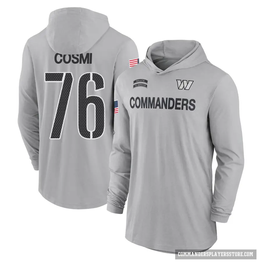 Youth ＃76 Sam Cosmi Washington Commanders Gray 2024 Salute to Service Lightweight Performance Long Sleeve Hooded T-Shirt