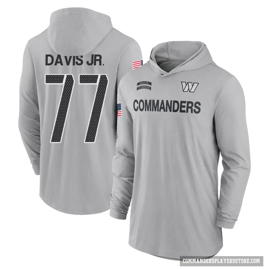 Youth ＃77 Carl Davis Jr. Washington Commanders Gray 2024 Salute to Service Lightweight Performance Long Sleeve Hooded T-Shirt