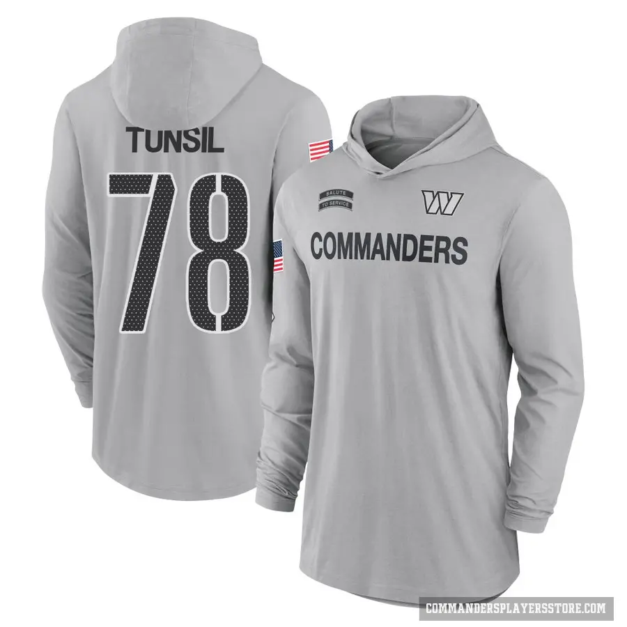 Youth ＃78 Laremy Tunsil Washington Commanders Gray 2024 Salute to Service Lightweight Performance Long Sleeve Hooded T-Shirt