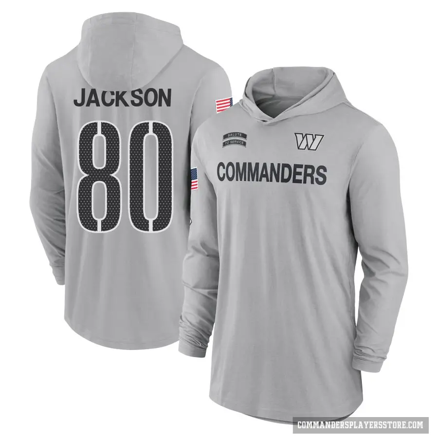 Youth ＃80 Tyree Jackson Washington Commanders Gray 2024 Salute to Service Lightweight Performance Long Sleeve Hooded T-Shirt