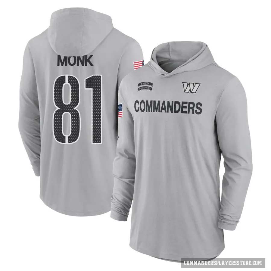 Youth ＃81 Art Monk Washington Commanders Gray 2024 Salute to Service Lightweight Performance Long Sleeve Hooded T-Shirt