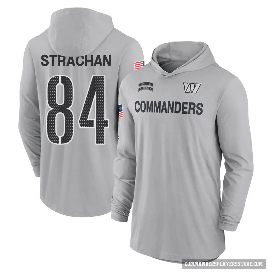 Youth ＃84 Mike Strachan Washington Commanders Gray 2024 Salute to Service Lightweight Performance Long Sleeve Hooded T-Shirt