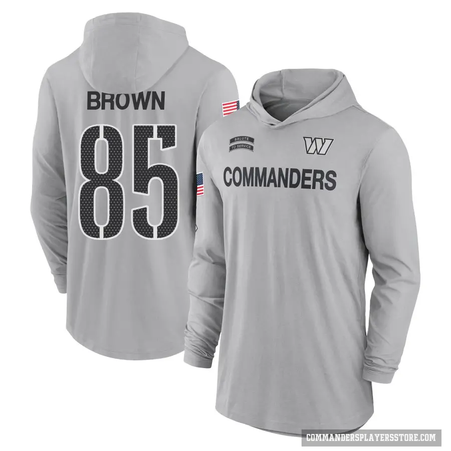 Youth ＃85 Noah Brown Washington Commanders Brown Gray 2024 Salute to Service Lightweight Performance Long Sleeve Hooded T-Shirt