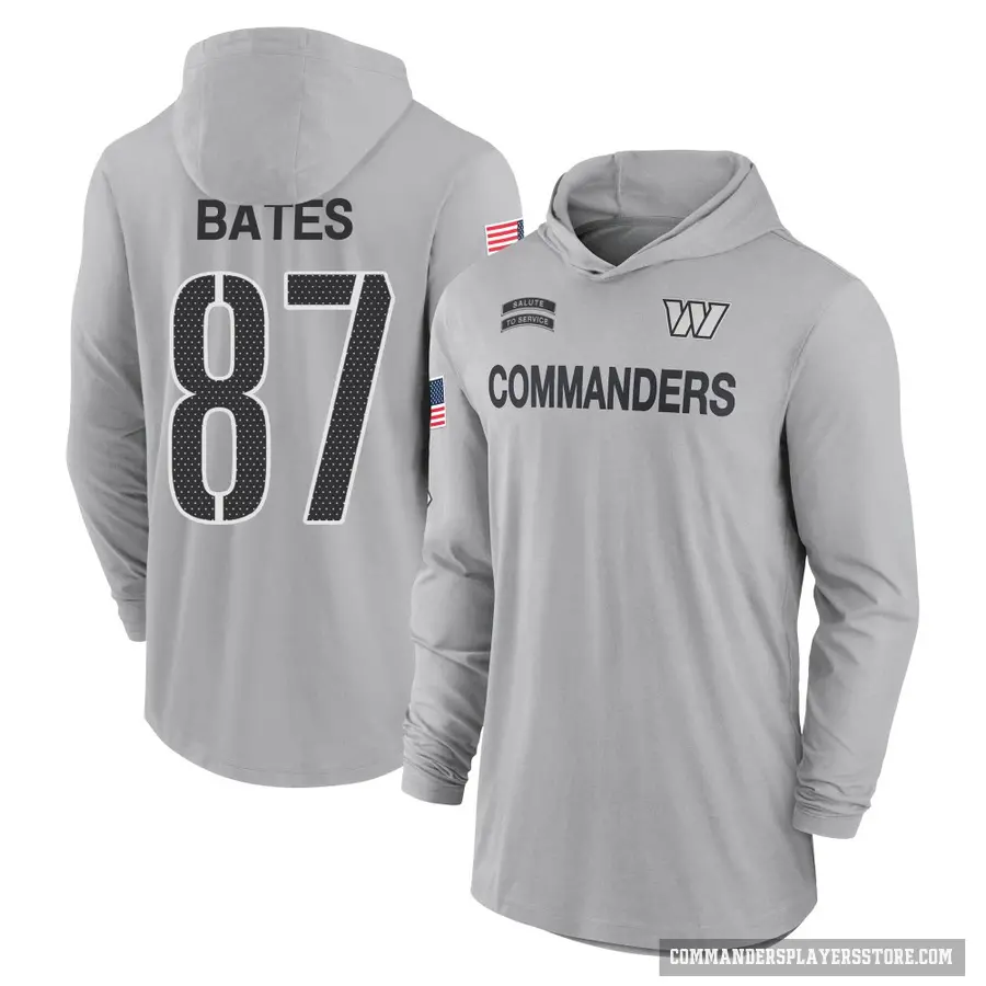 Youth ＃87 John Bates Washington Commanders Gray 2024 Salute to Service Lightweight Performance Long Sleeve Hooded T-Shirt