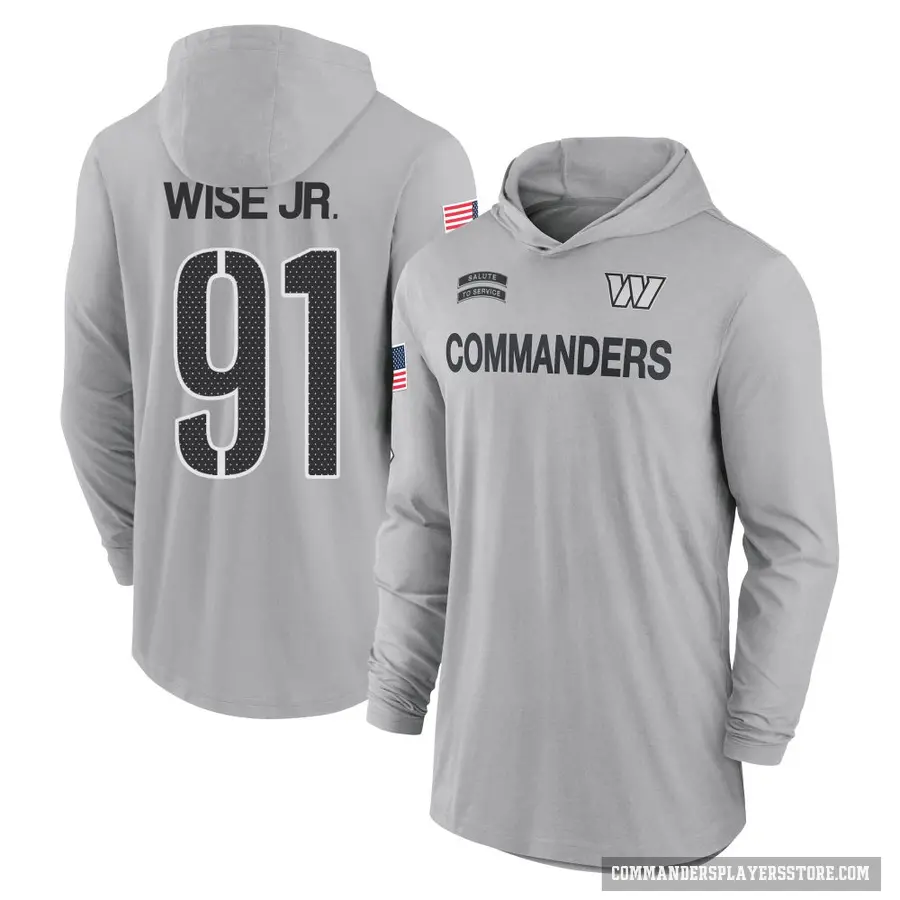 Youth ＃91 Deatrich Wise Jr. Washington Commanders Gray 2024 Salute to Service Lightweight Performance Long Sleeve Hooded T-Shirt