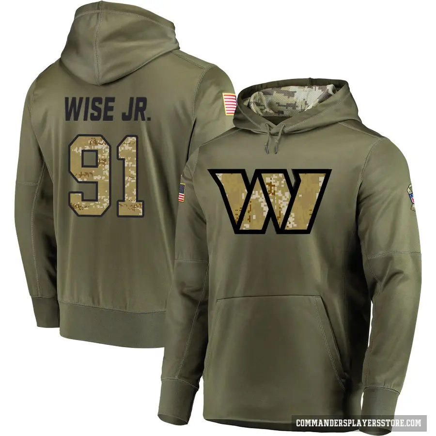 Youth ＃91 Deatrich Wise Jr. Washington Commanders Olive Salute to Service Pullover Hoodie