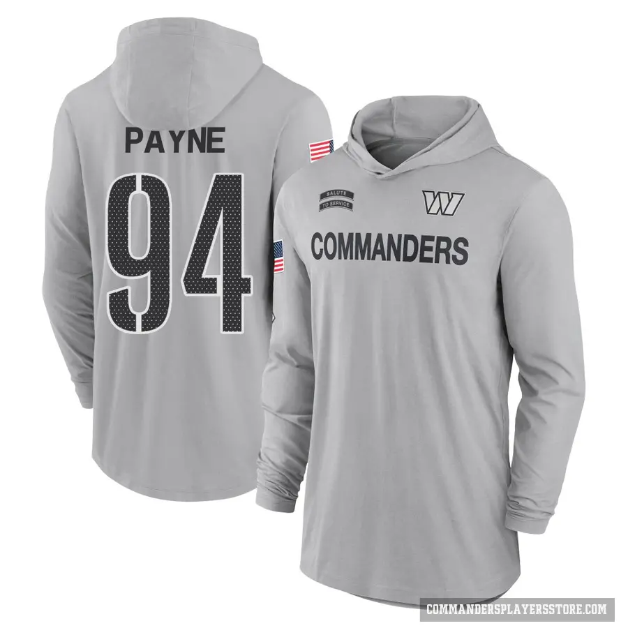 Youth ＃94 Daron Payne Washington Commanders Gray 2024 Salute to Service Lightweight Performance Long Sleeve Hooded T-Shirt
