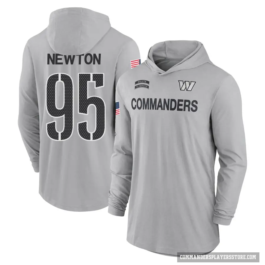 Youth ＃95 Jer'Zhan Newton Washington Commanders Gray 2024 Salute to Service Lightweight Performance Long Sleeve Hooded T-Shirt