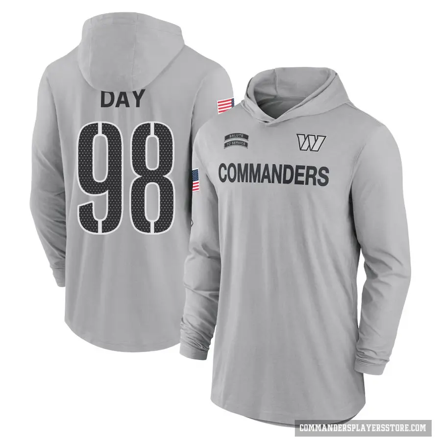 Youth ＃98 Sheldon Day Washington Commanders Gray 2024 Salute to Service Lightweight Performance Long Sleeve Hooded T-Shirt